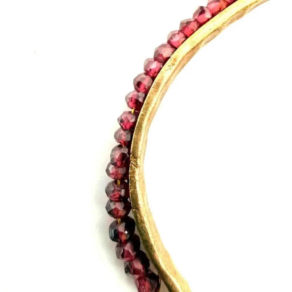 Handmade Vtg Brass Faceted Garnet Bead Cuff Bracelet Ethnic Tribal Festival Boho